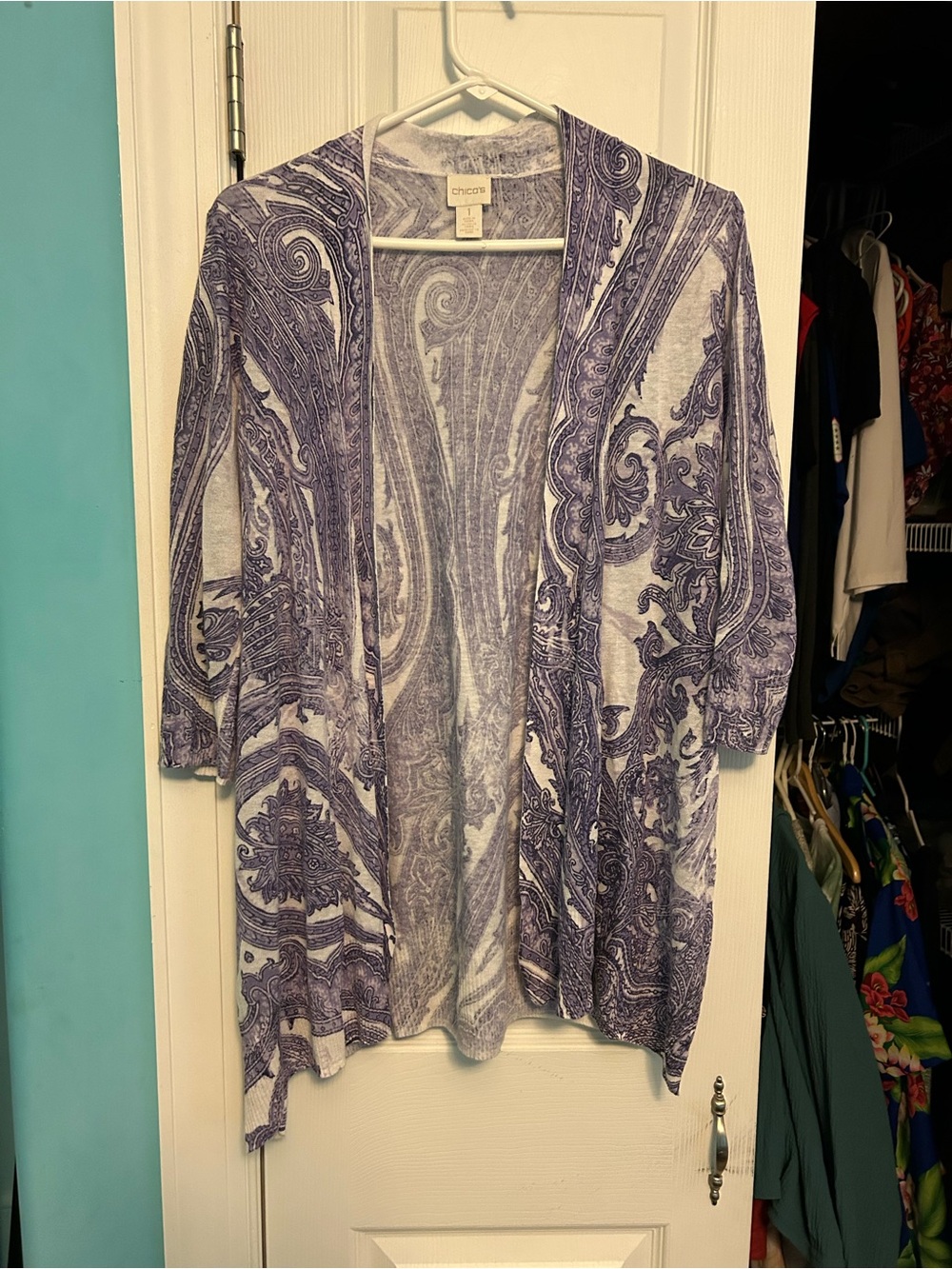 Chico's Purple Paisley Open-Front Cardigan
